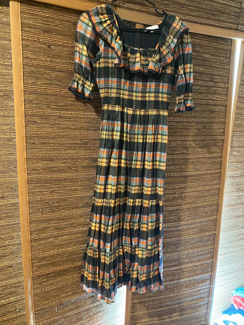Ivy City Co Black Plaid Maxi Dress with Yellow and Orange Accents
